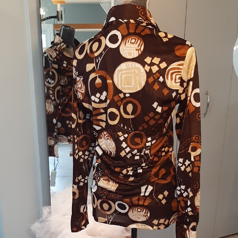 70's☮PAULO CONTI "Mod"VINTAGE Rust & Brown Printed Button-Down MEN'S Shirt Sz M - Picture 5 of 10